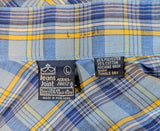 1970s Sears Plaid Men's Disco Era Vintage Long Sleeve Blue, Yellow & White Perma-Prest Western Style Shirt from JEANS JOINT - Size LARGE