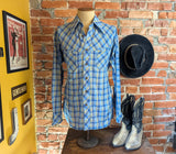 1970s Sears Plaid Men's Disco Era Vintage Long Sleeve Blue, Yellow & White Perma-Prest Western Style Shirt from JEANS JOINT - Size LARGE