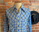 1970s Sears Plaid Men's Disco Era Vintage Long Sleeve Blue, Yellow & White Perma-Prest Western Style Shirt from JEANS JOINT - Size LARGE