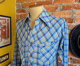 1970s Sears Plaid Men's Disco Era Vintage Long Sleeve Blue, Yellow & White Perma-Prest Western Style Shirt from JEANS JOINT - Size LARGE