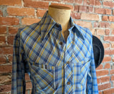 1970s Sears Plaid Men's Disco Era Vintage Long Sleeve Blue, Yellow & White Perma-Prest Western Style Shirt from JEANS JOINT - Size LARGE