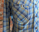 1970s Sears Plaid Men's Disco Era Vintage Long Sleeve Blue, Yellow & White Perma-Prest Western Style Shirt from JEANS JOINT - Size LARGE