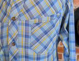 1970s Sears Plaid Men's Disco Era Vintage Long Sleeve Blue, Yellow & White Perma-Prest Western Style Shirt from JEANS JOINT - Size LARGE