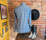 1970s Sears Plaid Men's Disco Era Vintage Long Sleeve Blue, Yellow & White Perma-Prest Western Style Shirt from JEANS JOINT - Size LARGE