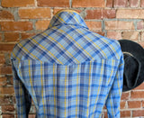 1970s Sears Plaid Men's Disco Era Vintage Long Sleeve Blue, Yellow & White Perma-Prest Western Style Shirt from JEANS JOINT - Size LARGE