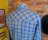 1970s Sears Plaid Men's Disco Era Vintage Long Sleeve Blue, Yellow & White Perma-Prest Western Style Shirt from JEANS JOINT - Size LARGE