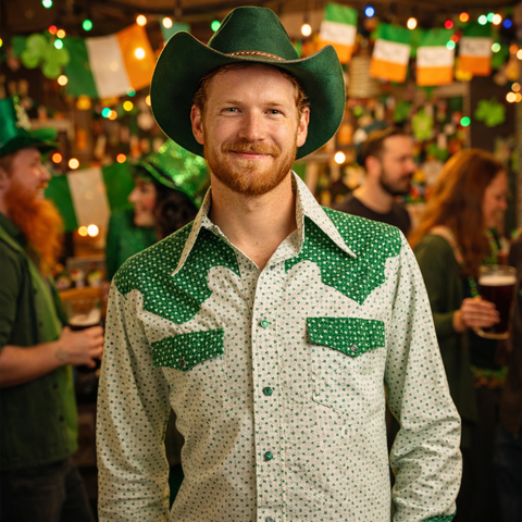 1970s St. Patrick's Day Shamrock Shirt Men's Vintage Green Cowboy Style Long Sleeve Pearl Snap Western Wear Shirt - Size LARGE