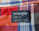 1980s Vintage Men's Wrangler Western Shirt Cowboy Style Red & Blue Plaid Long Sleeve Pearl Snap Shirt by Wrangler - Size LARGE