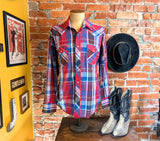 1980s Vintage Men's Wrangler Western Shirt Cowboy Style Red & Blue Plaid Long Sleeve Pearl Snap Shirt by Wrangler - Size LARGE