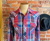 1980s Vintage Men's Wrangler Western Shirt Cowboy Style Red & Blue Plaid Long Sleeve Pearl Snap Shirt by Wrangler - Size LARGE
