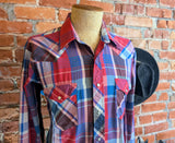 1980s Vintage Men's Wrangler Western Shirt Cowboy Style Red & Blue Plaid Long Sleeve Pearl Snap Shirt by Wrangler - Size LARGE