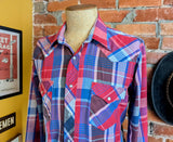1980s Vintage Men's Wrangler Western Shirt Cowboy Style Red & Blue Plaid Long Sleeve Pearl Snap Shirt by Wrangler - Size LARGE