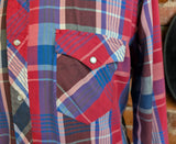 1980s Vintage Men's Wrangler Western Shirt Cowboy Style Red & Blue Plaid Long Sleeve Pearl Snap Shirt by Wrangler - Size LARGE