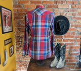 1980s Vintage Men's Wrangler Western Shirt Cowboy Style Red & Blue Plaid Long Sleeve Pearl Snap Shirt by Wrangler - Size LARGE
