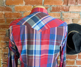 1980s Vintage Men's Wrangler Western Shirt Cowboy Style Red & Blue Plaid Long Sleeve Pearl Snap Shirt by Wrangler - Size LARGE