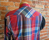 1980s Vintage Men's Wrangler Western Shirt Cowboy Style Red & Blue Plaid Long Sleeve Pearl Snap Shirt by Wrangler - Size LARGE