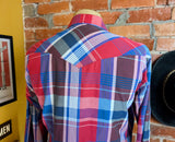 1980s Vintage Men's Wrangler Western Shirt Cowboy Style Red & Blue Plaid Long Sleeve Pearl Snap Shirt by Wrangler - Size LARGE