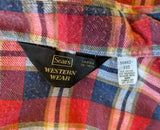 1970s SEARS Men's Flannel Western Wear Pearl Snap Shirt Vintage Long Sleeve Cotton Blend Red & Blue Plaid Cowboy Style Shirt - Size LARGE