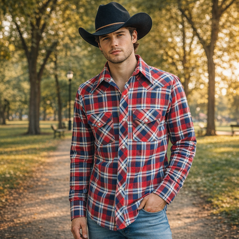 1970s SEARS Men's Flannel Western Wear Pearl Snap Shirt Vintage Long Sleeve Cotton Blend Red & Blue Plaid Cowboy Style Shirt - Size LARGE