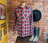 1970s SEARS Men's Flannel Western Wear Pearl Snap Shirt Vintage Long Sleeve Cotton Blend Red & Blue Plaid Cowboy Style Shirt - Size LARGE