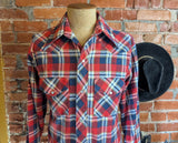 1970s SEARS Men's Flannel Western Wear Pearl Snap Shirt Vintage Long Sleeve Cotton Blend Red & Blue Plaid Cowboy Style Shirt - Size LARGE