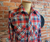 1970s SEARS Men's Flannel Western Wear Pearl Snap Shirt Vintage Long Sleeve Cotton Blend Red & Blue Plaid Cowboy Style Shirt - Size LARGE