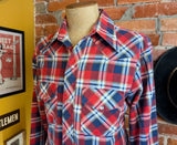 1970s SEARS Men's Flannel Western Wear Pearl Snap Shirt Vintage Long Sleeve Cotton Blend Red & Blue Plaid Cowboy Style Shirt - Size LARGE