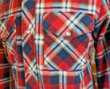 1970s SEARS Men's Flannel Western Wear Pearl Snap Shirt Vintage Long Sleeve Cotton Blend Red & Blue Plaid Cowboy Style Shirt - Size LARGE
