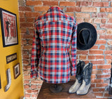 1970s SEARS Men's Flannel Western Wear Pearl Snap Shirt Vintage Long Sleeve Cotton Blend Red & Blue Plaid Cowboy Style Shirt - Size LARGE