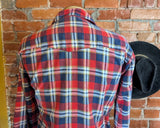 1970s SEARS Men's Flannel Western Wear Pearl Snap Shirt Vintage Long Sleeve Cotton Blend Red & Blue Plaid Cowboy Style Shirt - Size LARGE