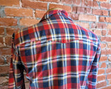 1970s SEARS Men's Flannel Western Wear Pearl Snap Shirt Vintage Long Sleeve Cotton Blend Red & Blue Plaid Cowboy Style Shirt - Size LARGE