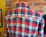 1970s SEARS Men's Flannel Western Wear Pearl Snap Shirt Vintage Long Sleeve Cotton Blend Red & Blue Plaid Cowboy Style Shirt - Size LARGE
