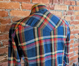 1980s Men's Flannel Western Style Pearl Snap Shirt Vintage Long Sleeve Cotton Blend Blue & Red Plaid Shirt by WRANGLER - Size LARGE