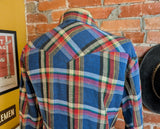 1980s Men's Flannel Western Style Pearl Snap Shirt Vintage Long Sleeve Cotton Blend Blue & Red Plaid Shirt by WRANGLER - Size LARGE