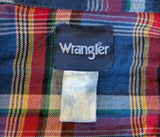 1980s Men's Flannel Western Style Pearl Snap Shirt Vintage Long Sleeve Cotton Blend Blue & Red Plaid Shirt by WRANGLER - Size LARGE