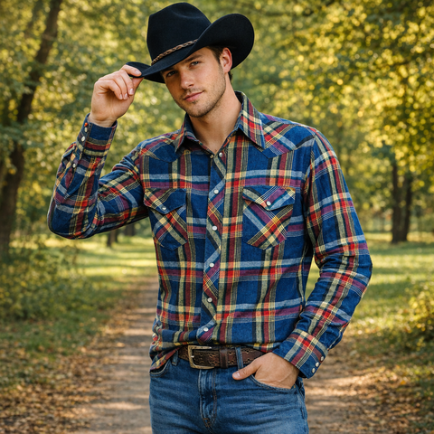 1980s Men's Flannel Western Style Pearl Snap Shirt Vintage Long Sleeve Cotton Blend Blue & Red Plaid Shirt by WRANGLER - Size LARGE