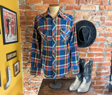 1980s Men's Flannel Western Style Pearl Snap Shirt Vintage Long Sleeve Cotton Blend Blue & Red Plaid Shirt by WRANGLER - Size LARGE