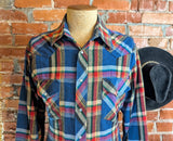 1980s Men's Flannel Western Style Pearl Snap Shirt Vintage Long Sleeve Cotton Blend Blue & Red Plaid Shirt by WRANGLER - Size LARGE