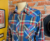 1980s Men's Flannel Western Style Pearl Snap Shirt Vintage Long Sleeve Cotton Blend Blue & Red Plaid Shirt by WRANGLER - Size LARGE