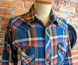 1980s Men's Flannel Western Style Pearl Snap Shirt Vintage Long Sleeve Cotton Blend Blue & Red Plaid Shirt by WRANGLER - Size LARGE