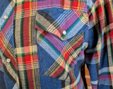 1980s Men's Flannel Western Style Pearl Snap Shirt Vintage Long Sleeve Cotton Blend Blue & Red Plaid Shirt by WRANGLER - Size LARGE
