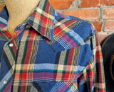 1980s Men's Flannel Western Style Pearl Snap Shirt Vintage Long Sleeve Cotton Blend Blue & Red Plaid Shirt by WRANGLER - Size LARGE