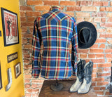 1980s Men's Flannel Western Style Pearl Snap Shirt Vintage Long Sleeve Cotton Blend Blue & Red Plaid Shirt by WRANGLER - Size LARGE