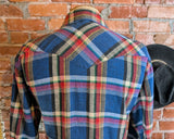1980s Men's Flannel Western Style Pearl Snap Shirt Vintage Long Sleeve Cotton Blend Blue & Red Plaid Shirt by WRANGLER - Size LARGE