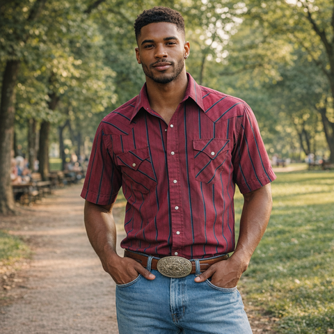 1980s Vintage Striped Ely Cattleman Western Shirt Men's Cowboy Style Short Sleeve Burgundy Red Pearl Snap Shirt - SIZE XL