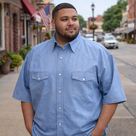 1990s Vintage 3XL Men's Blue Chambray Western Shirt Cowboy Style Pearl Snap Short Sleeve Shirt by BIG SMITH - Size XXXL
