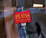 1980s Vintage PLAINS Western Wear Shirt Men's Cowboy Style Black & Purple Plaid Long Sleeve Pearl Snap Shirt - Size XL