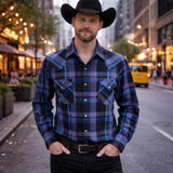 1980s Vintage PLAINS Western Wear Shirt Men's Cowboy Style Black & Purple Plaid Long Sleeve Pearl Snap Shirt - Size XL