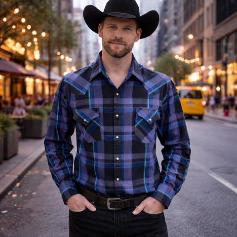 1980s Vintage PLAINS Western Wear Shirt Men's Cowboy Style Black & Purple Plaid Long Sleeve Pearl Snap Shirt - Size XL