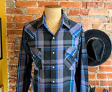 1980s Vintage PLAINS Western Wear Shirt Men's Cowboy Style Black & Purple Plaid Long Sleeve Pearl Snap Shirt - Size XL